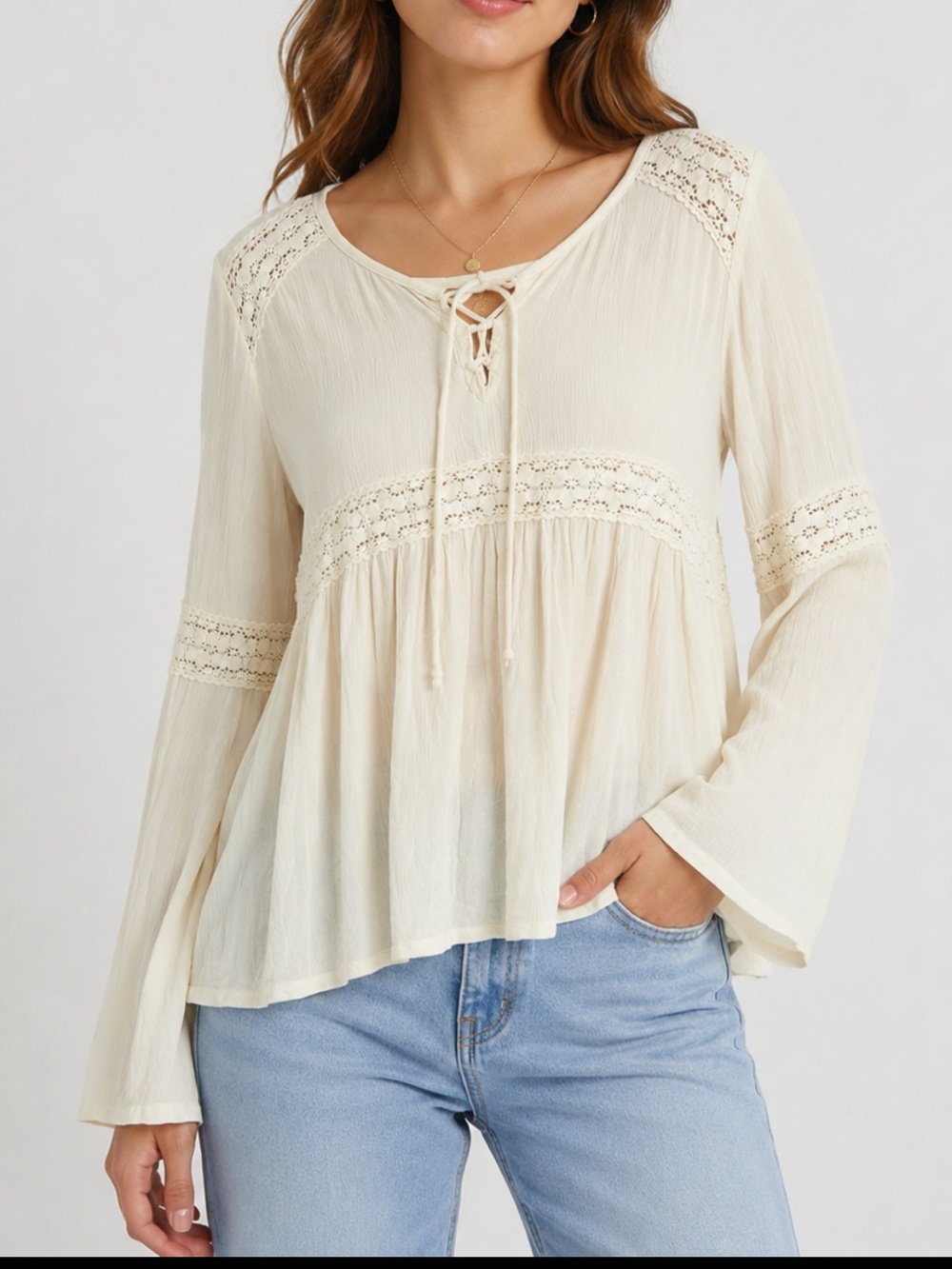 Hollister Cream Lace-Trim Peasant Tunic